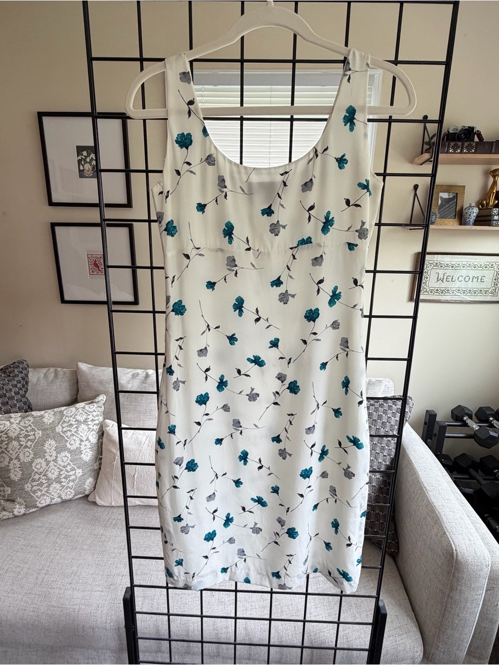 Silk White Mini Dress | Teal & Gray Floral Print | Size 2 | Vtg Brooks Brothers